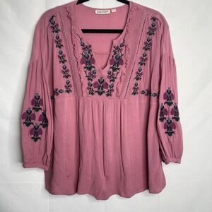 Roller Rabbit Embroidered Pink Boho Peasant‎ floral Blouse Gauze Sz S